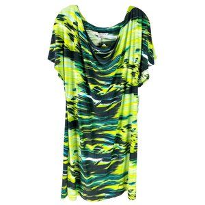 AA Studio 16w-No Wrinkle-Cowl Neck Poly Blend 38"L Green/black/yellow Dress NWT